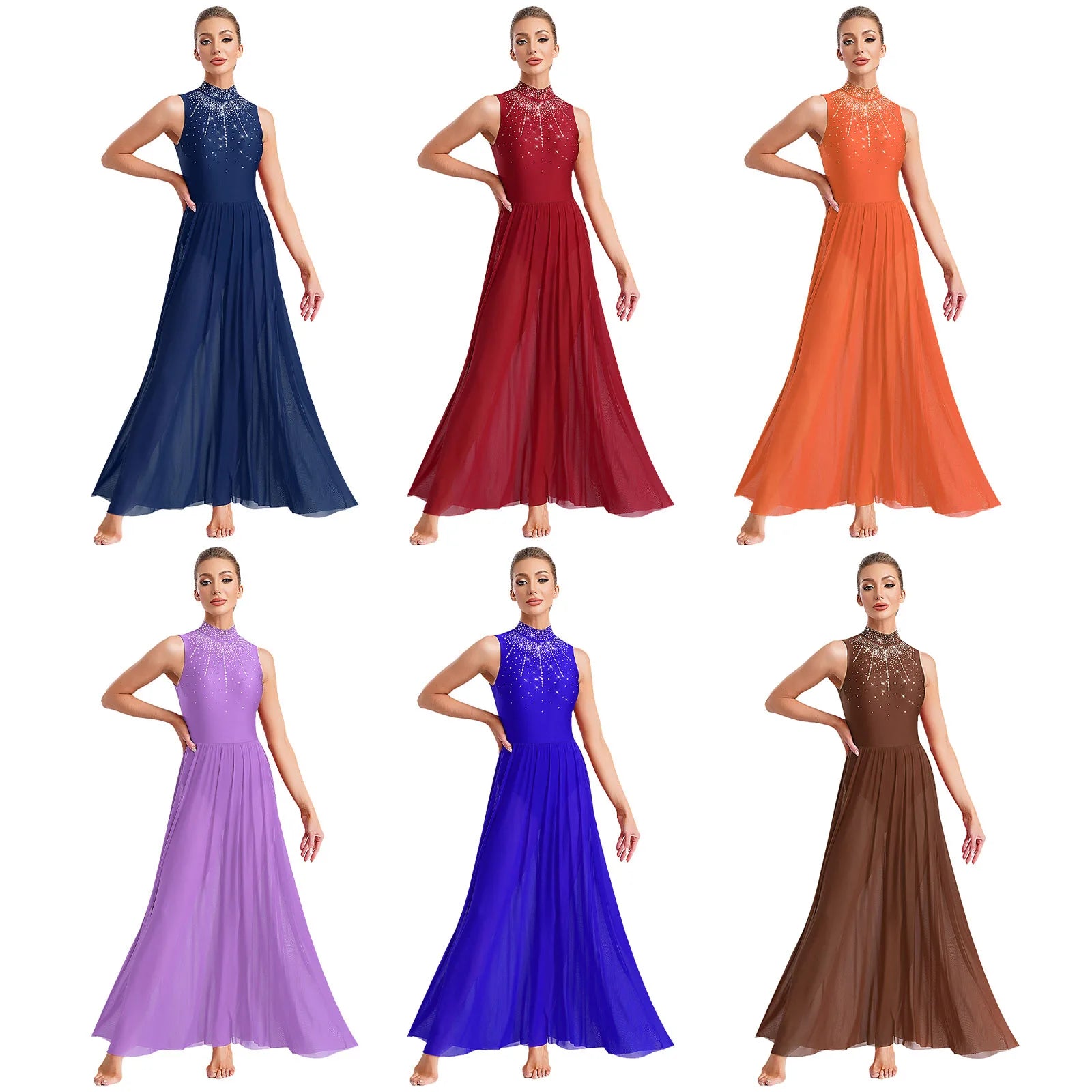 Rhinestone Maxi Sleeveless Contemporary Dance Dress — Mock Neck Wide Hemline Lyrical Leotard