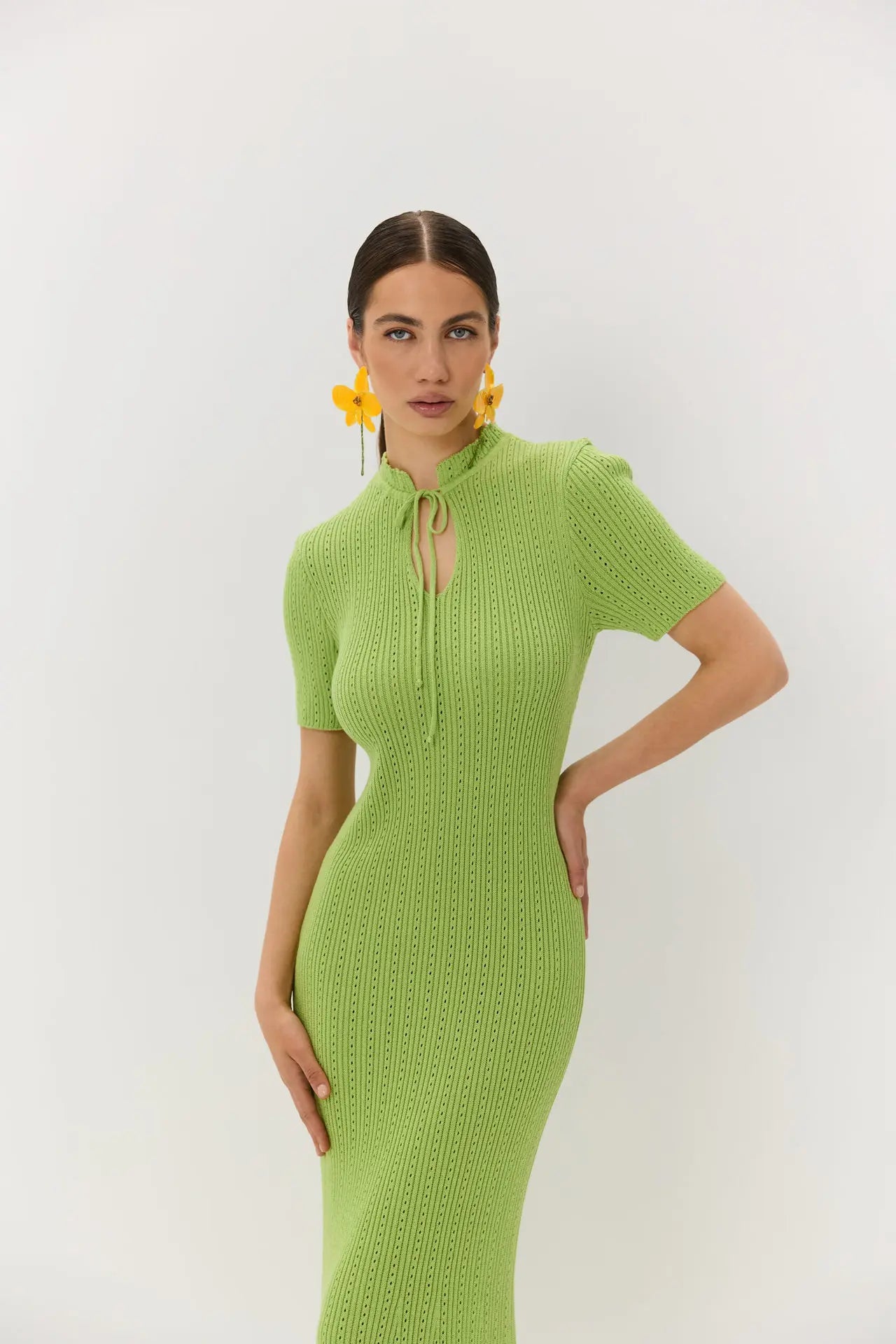 Tossy Knit Hollow Out Lace-Up Dress – Ribbed Short Sleeve Patchwork High Waist Elegant Long Dress