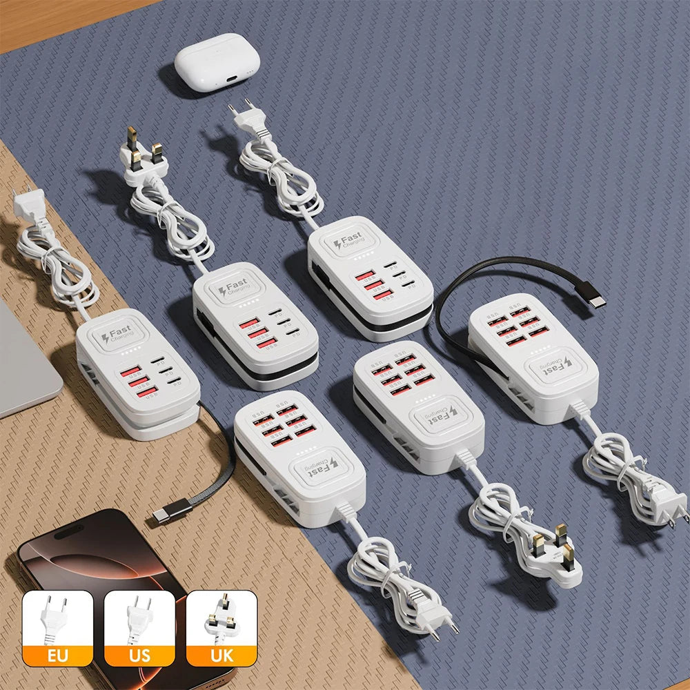 6-Port USB Fast Charging Station – 3 USB-C + 3 USB-A, Desktop Power Strip Hub, EU/UK/US Plug