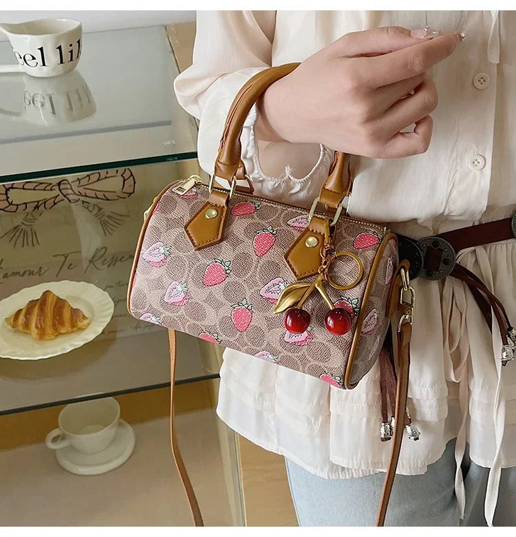 Cherry Print PU Leather Boston Crossbody Shoulder Bag – Luxury Designer Handbag for Women