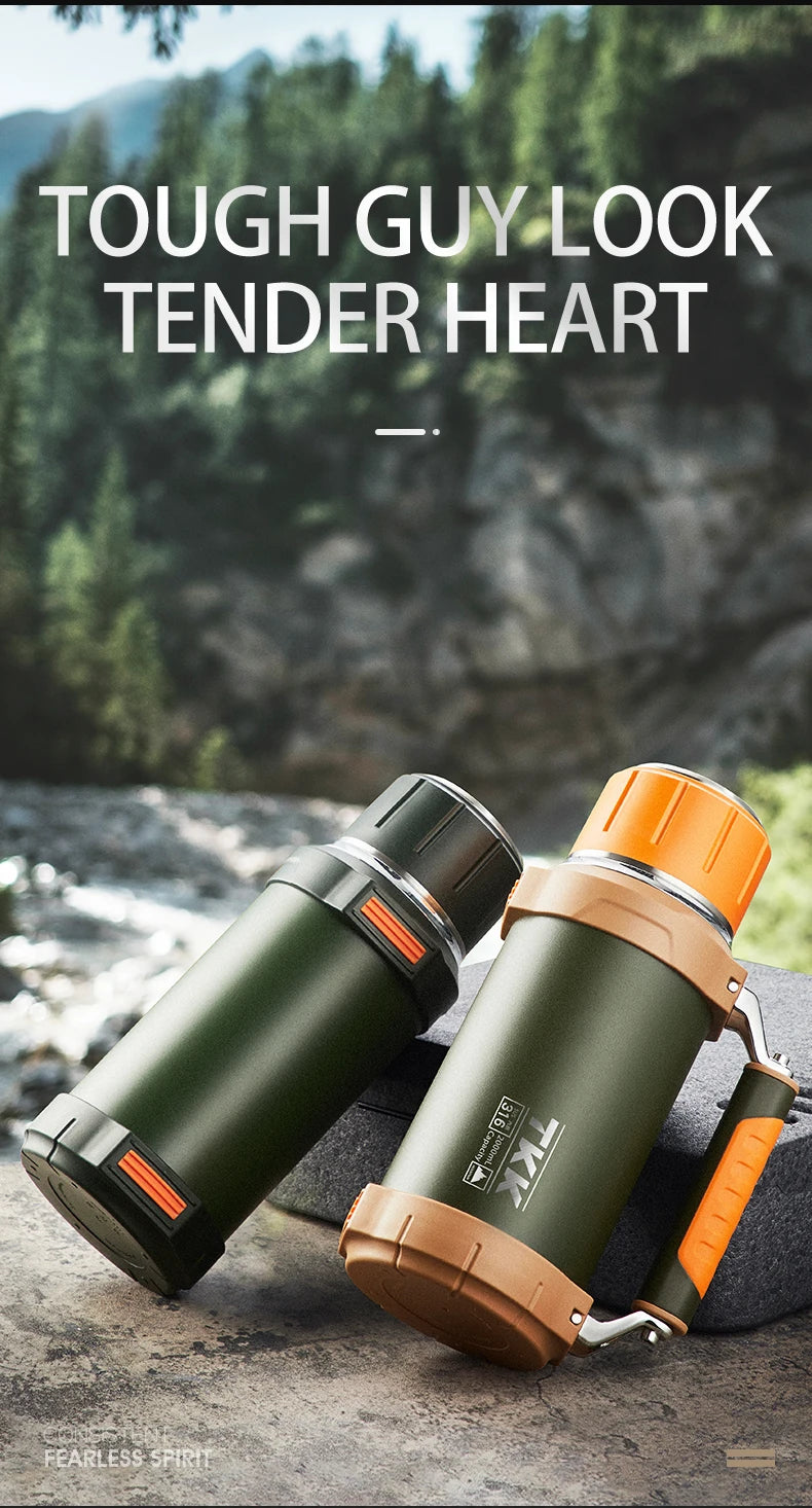 TKK 2000ml 316 SS Vacuum Thermos Flask with Rope – BPA-Free, Hot & Cold, Ergonomic Spout, 68oz Large Capacity