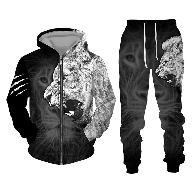 Men's 3D Lion Print Zip-Up Hoodie & Elastic Waist Pants Tracksuit Set
