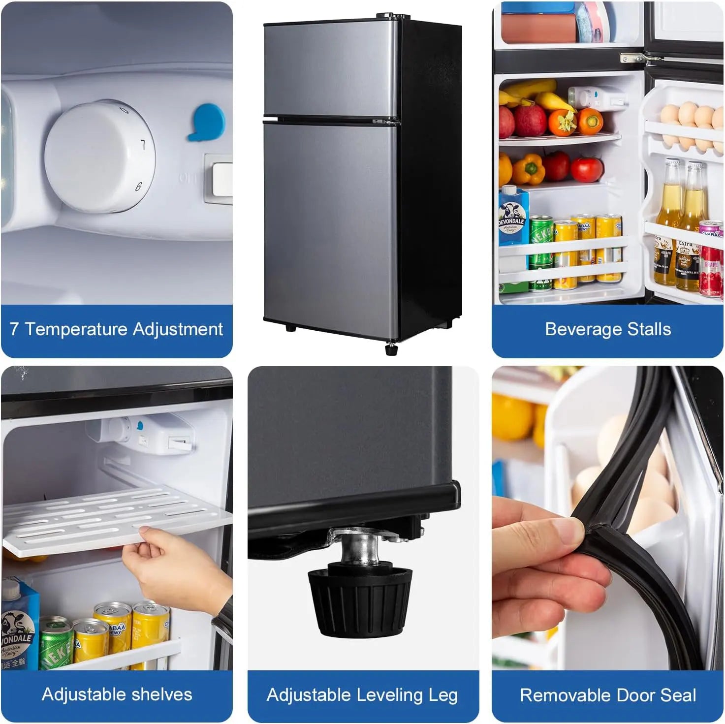 Mini Fridge with Freezer — 2.9 Cu Ft Double Door Small Fridge, Energy Saving, Low Noise, 7-Level Adjustable Thermostat