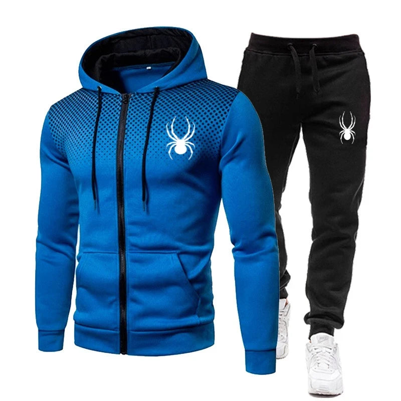 Men's Spider Print Zip Hoodie & Stretch Jogger Pants Fitness Tracksuit – 2-Piece