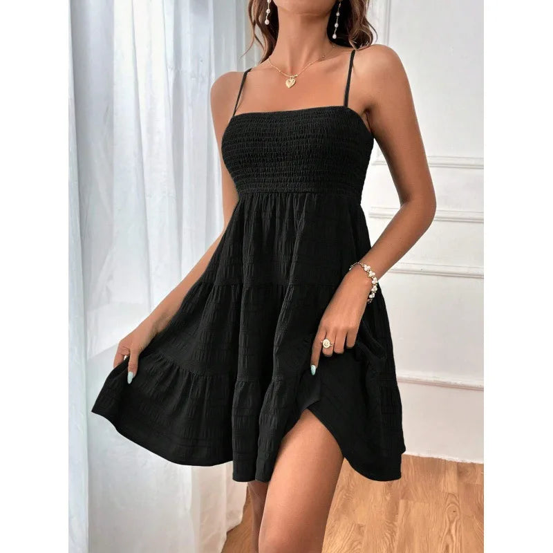 Women's Smocked Bustier Ruffled Tiered Swing Mini Dress – Spaghetti Strap Beach Vacation Dress