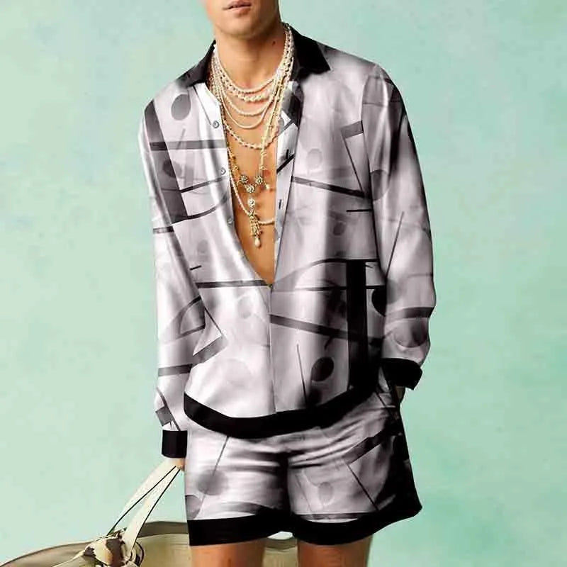 Men's Hawaiian Print Shirt & Drawstring Shorts Beach Vacation Set