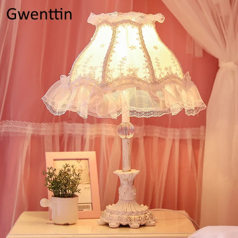 Lace Table Lamp – Pink or White Fabric Shade