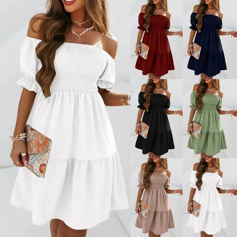 Off Shoulder Puff Sleeve Short Dress — Sexy Fashion Summer Mini Dress