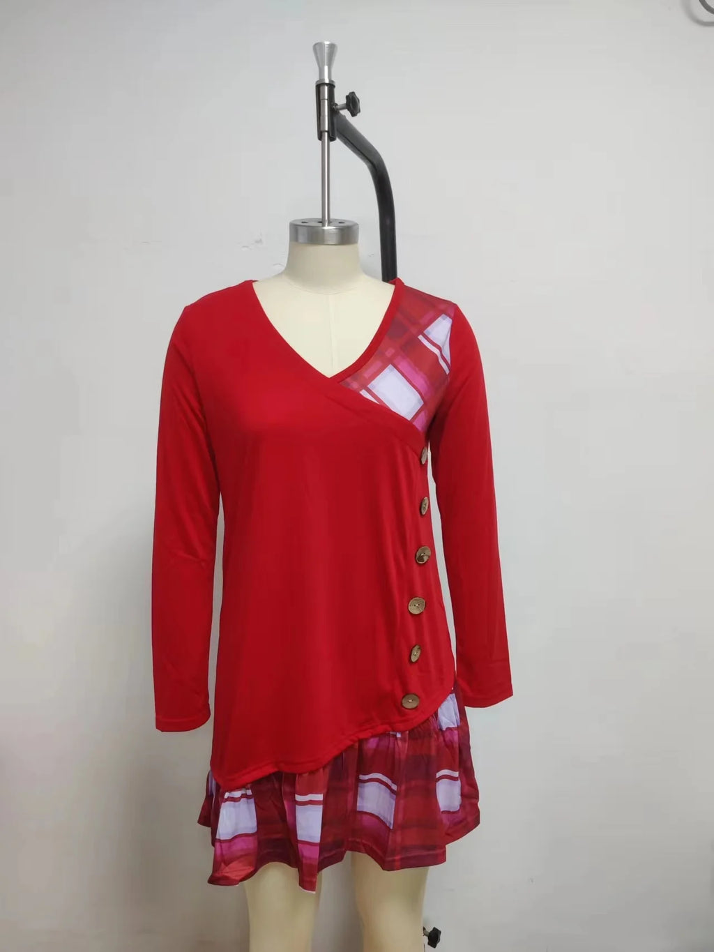 Long Sleeve V-Neck Loose Party Dress — Elegant Button Casual Autumn Winter Dress