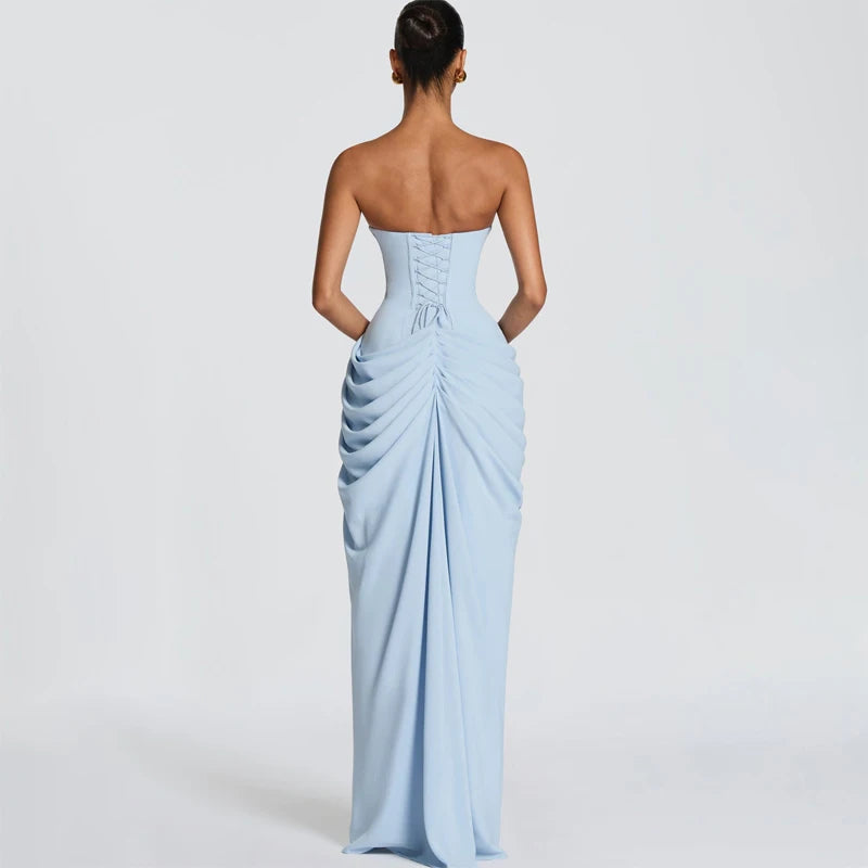 Strapless Pleated Evening Gown — Off-Shoulder Backless High Waist Split Dress