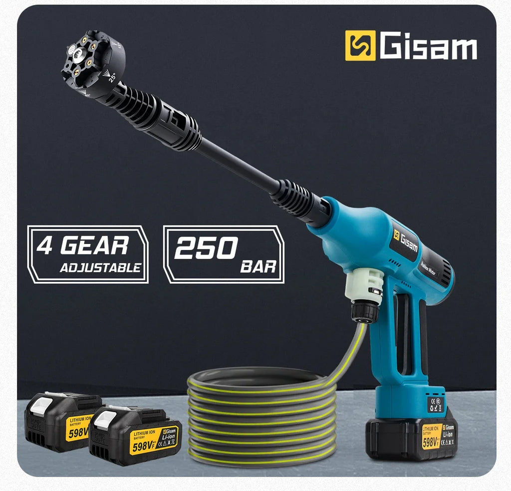 250 Bar Brushless Electric Pressure Washer Gun – 4-Speed Digital, 7L/min, Makita 18V Compatible, Foam Cannon Kit