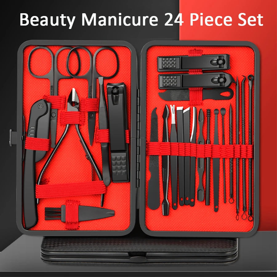 Professional Manicure Set 7-24 Piece – Stainless Steel Fingernail & Toenail Clippers with Leather Case