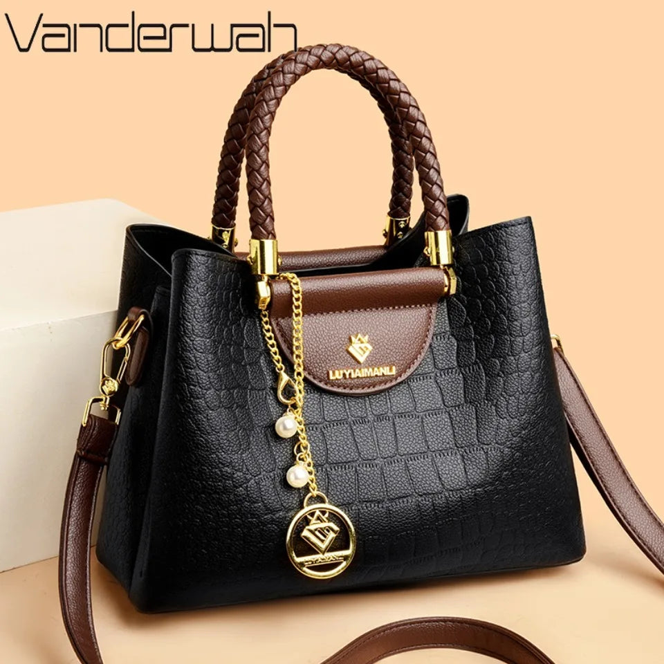 VANDERWAH Woven Handle Alligator Microfiber Leather Tote – Luxury Designer Shoulder Handbag for Women