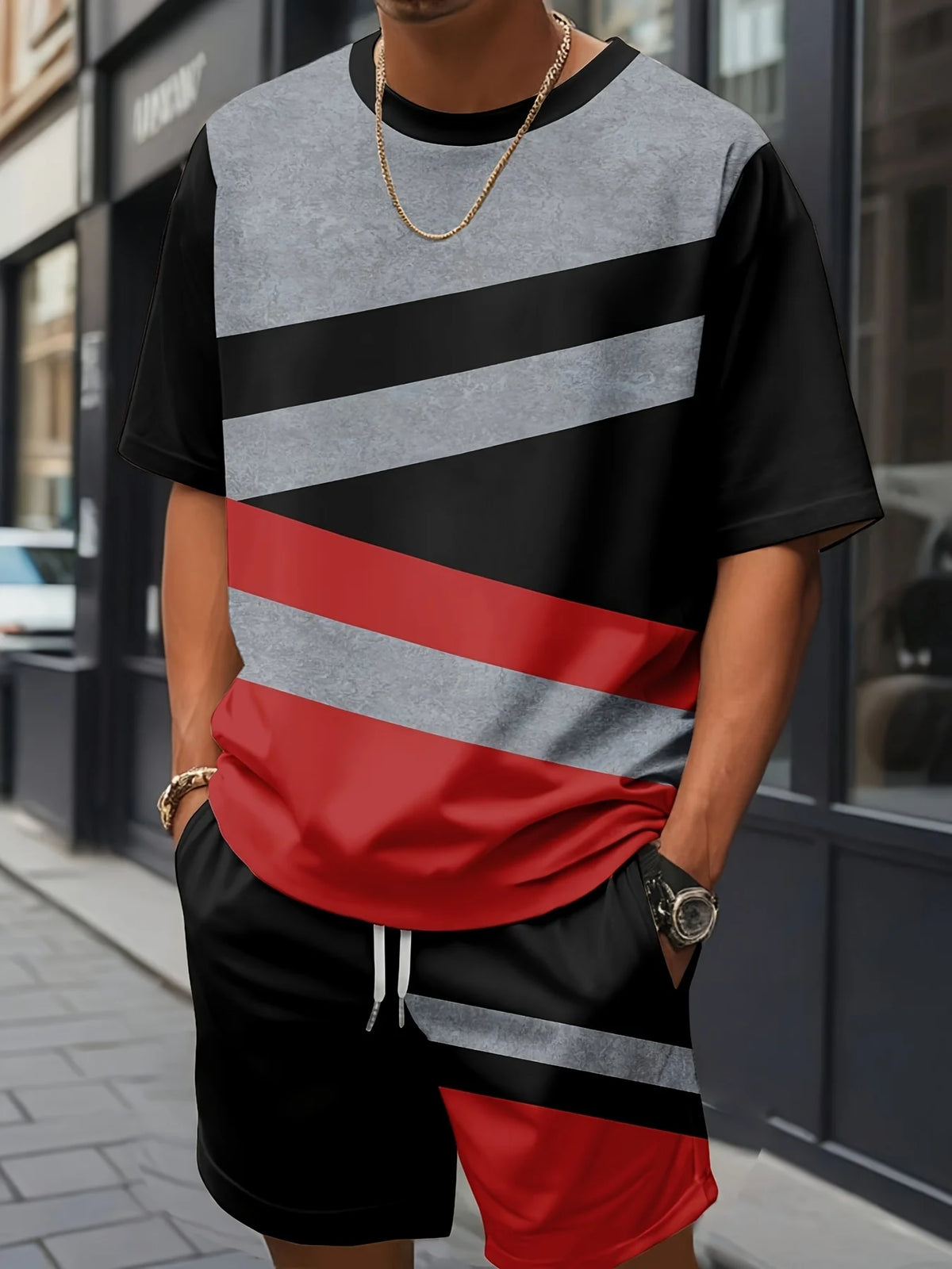 Men's Cross Print Short Sleeve T-Shirt & Shorts Set – Streetwear Holiday 2-Piece