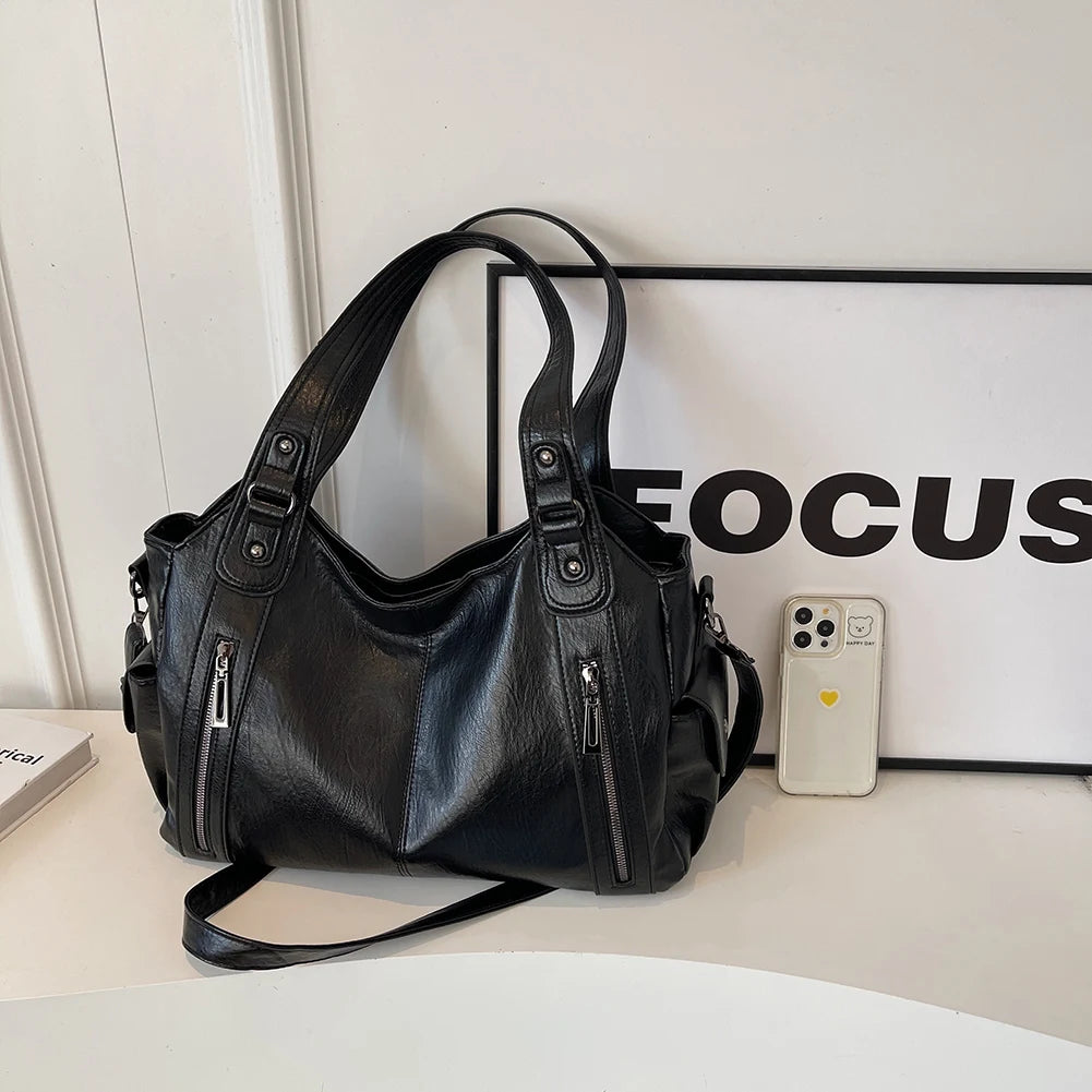 PU Leather Tote Bag with Zipper for Women — Multi-Pocket Shoulder Bag, Retro Crossbody Handbag