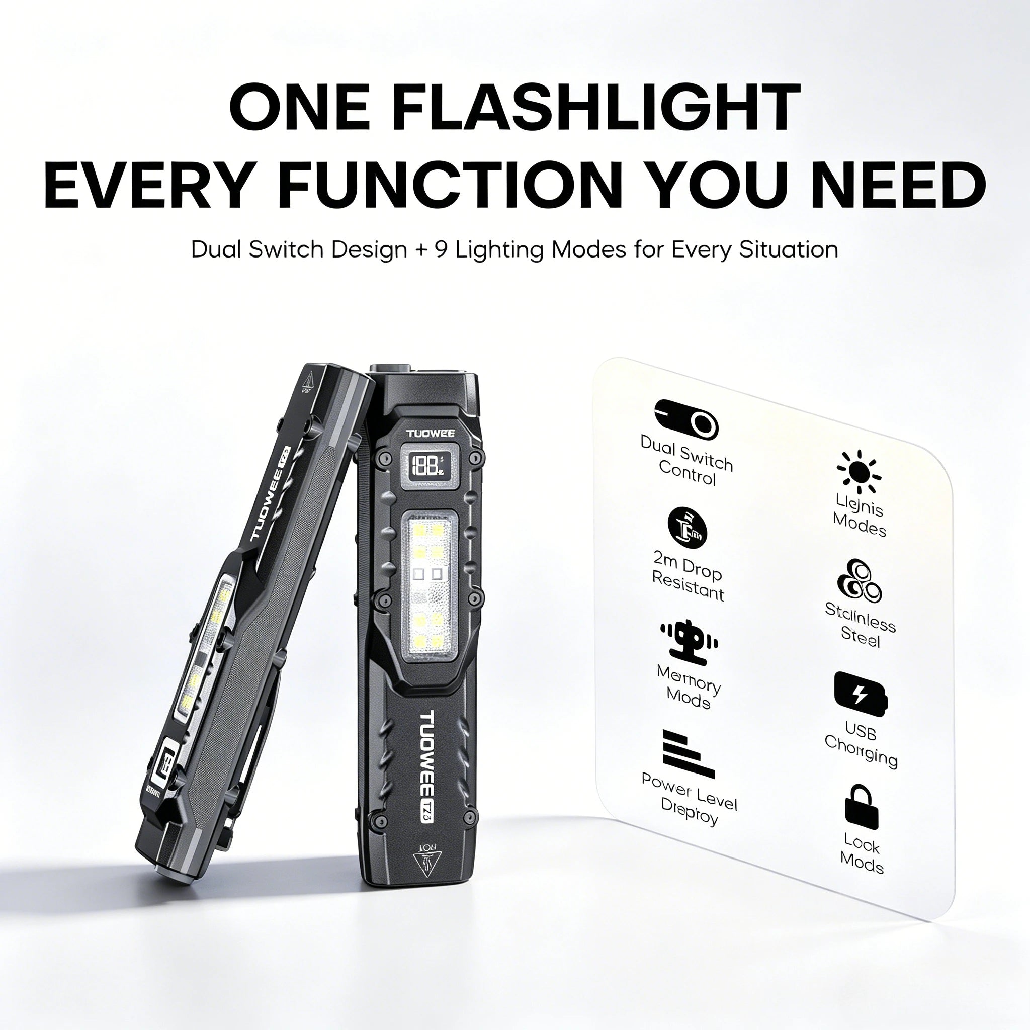 Rechargeable EDC Flashlight – 1600 Lumen, UV Detector, 9 Modes, Memory Mode, Lock, USB-C Fast Charge