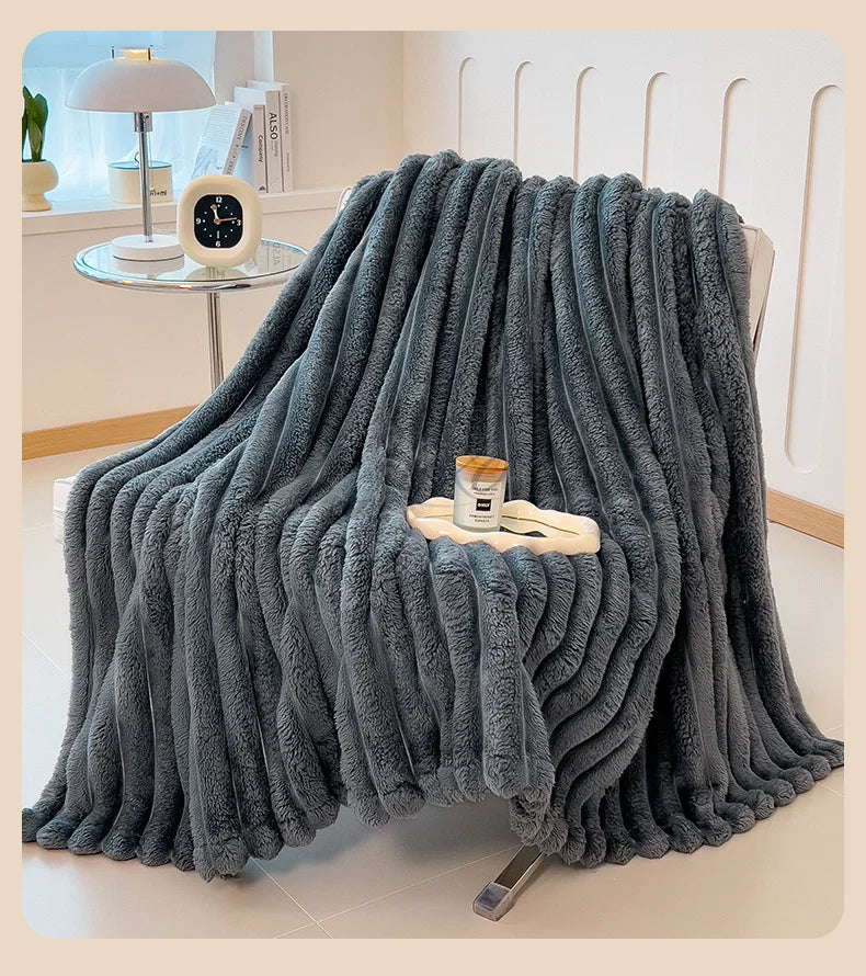 Striped Plush Blanket – Soft Faux Rabbit Fur Throw