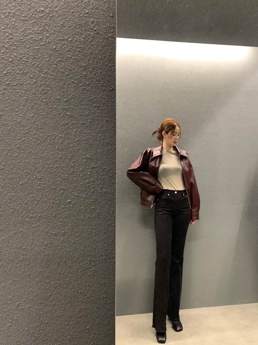 Women's Cropped Faux Leather Jacket – Lapel Zip Front