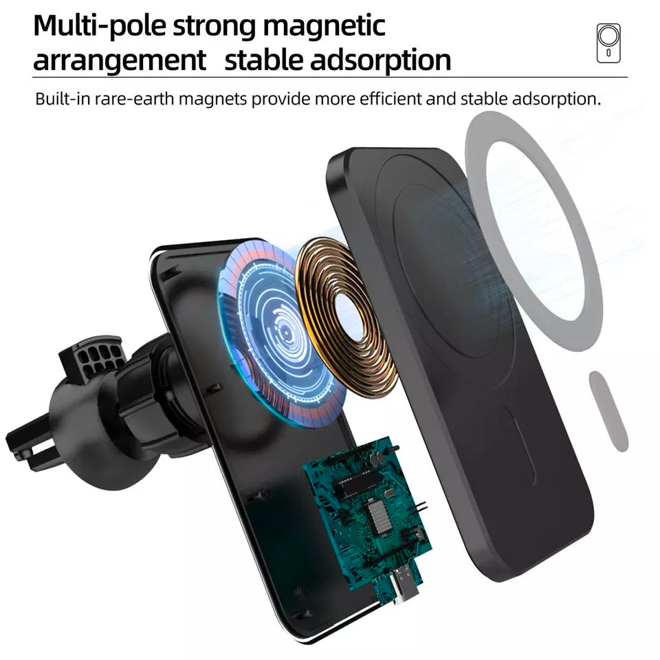30W Magnetic Car Wireless Charger Phone Holder – MagSafe Compatible for iPhone 12–17, Qi Devices