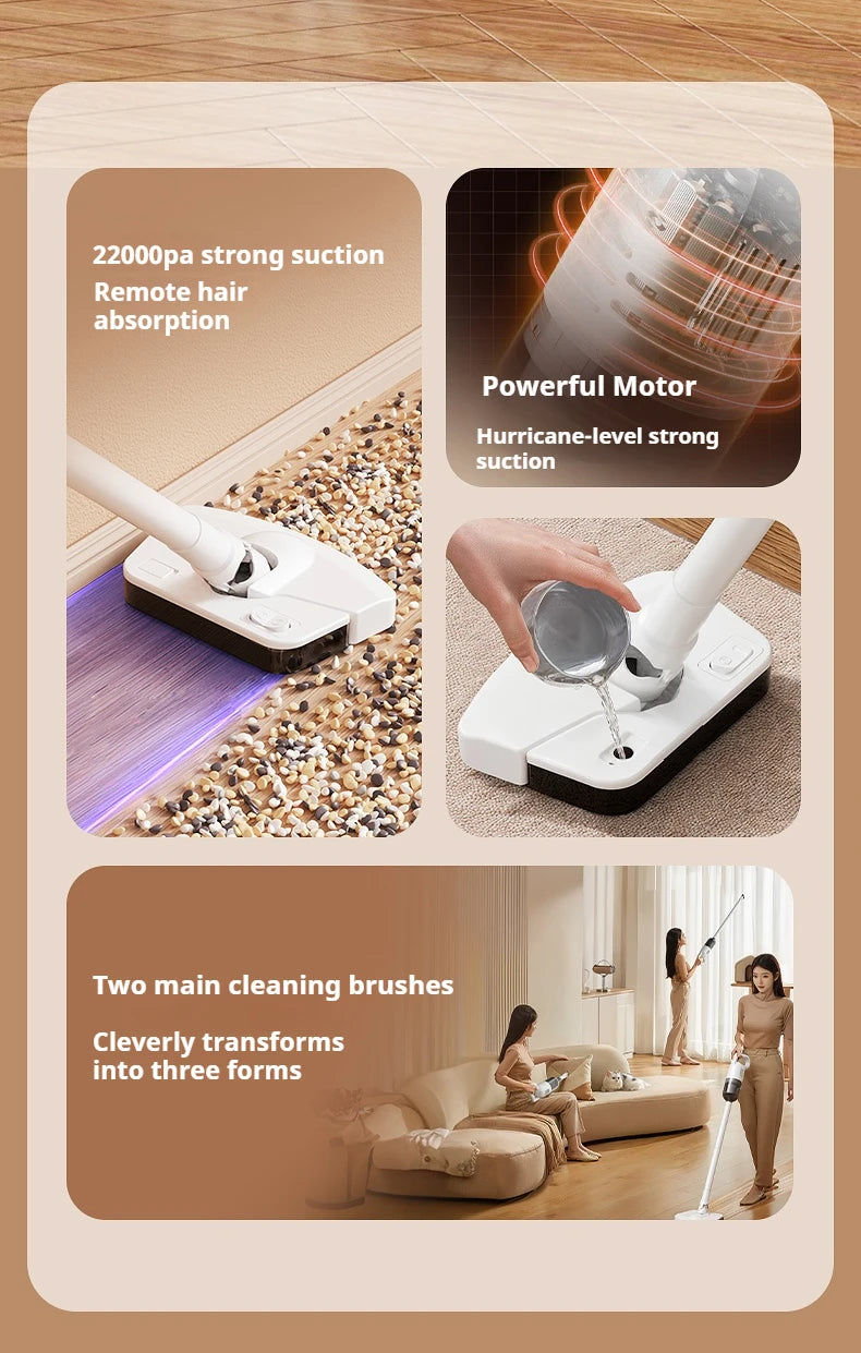 2-in-1 Cordless Vacuum & Mop – 22000Pa, 130° Multi-Angle, HEPA Filter, Pet Hair