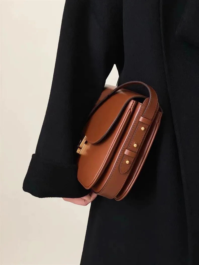 French Niche Top-Grain Genuine Leather Small Square Shoulder Bag – Luxury Crossbody Satchel for Women