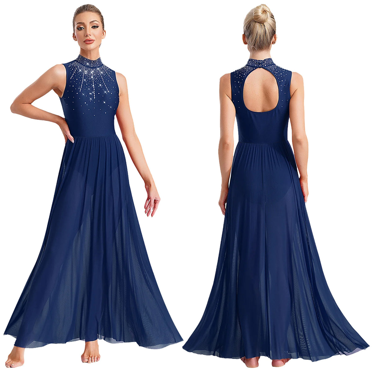 Rhinestone Maxi Sleeveless Contemporary Dance Dress — Mock Neck Wide Hemline Lyrical Leotard