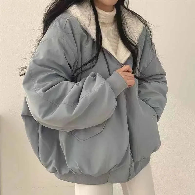 Women's Hooded Fleece Parka – Thick Zip-Up Korean Loose Winter Coat