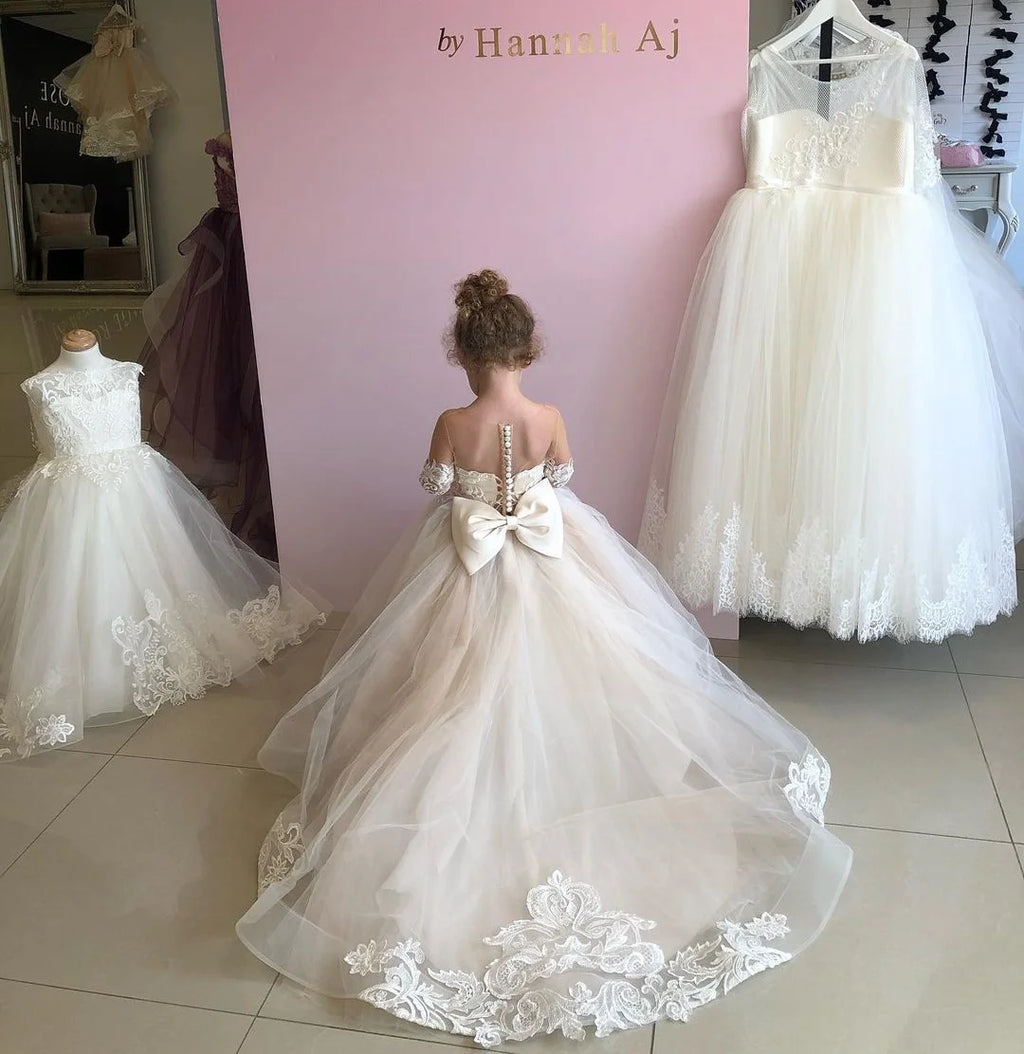 Long Sleeve Flower Girl Dress — White Lace Tulle First Communion & Bridesmaid Dress