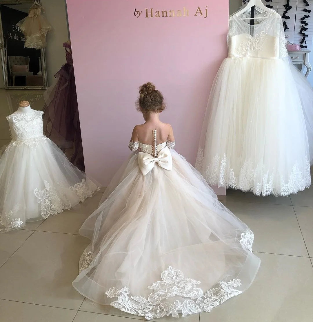 Long Sleeve Flower Girl Dress — White Lace Tulle First Communion & Bridesmaid Dress