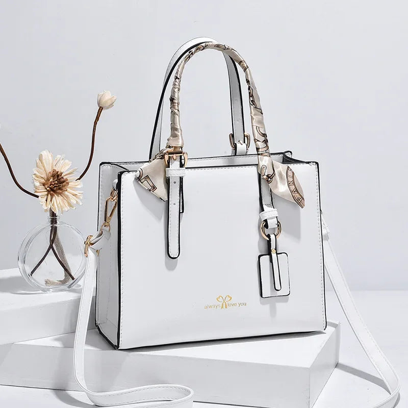 Elegant PU Square Tote Bag – Silk Scarf Crossbody Shoulder Handbag for Women