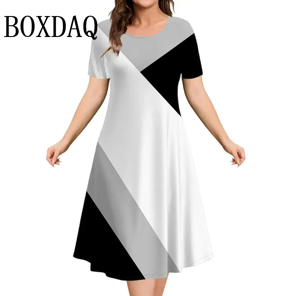 Contrast Stripe O-Neck Short Sleeve Plus Size Mini Dress — Casual Elegant Fashion Dress