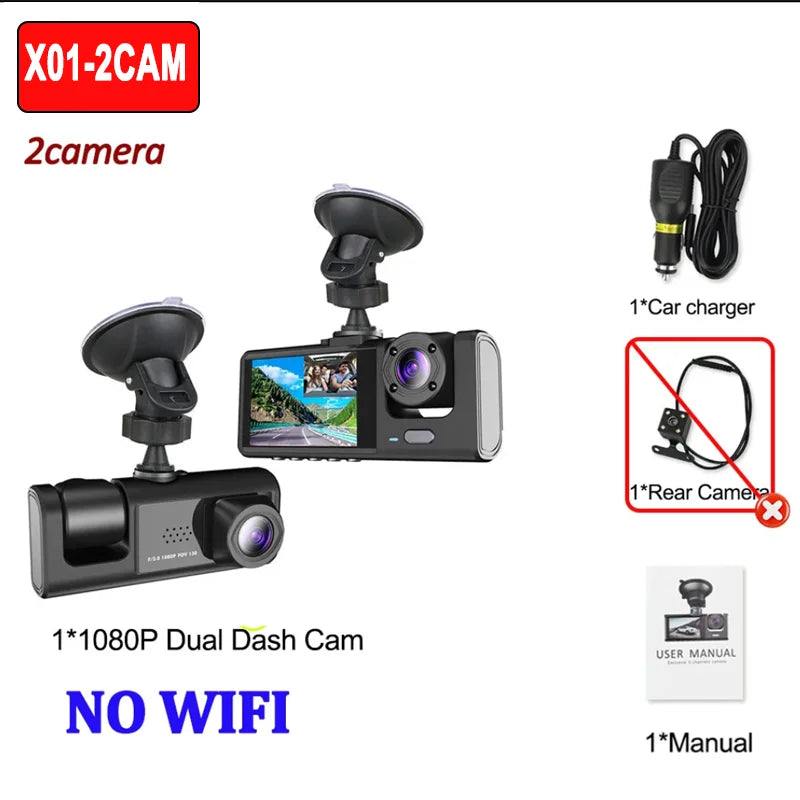 1080P 2/3-Lens WiFi Dash Cam – Front, Rear & Interior, Night Vision, G-Sensor, Loop Recording