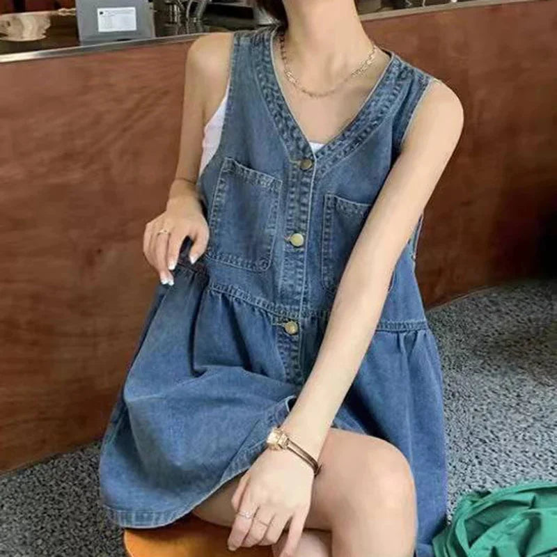 Sleeveless Denim Mini Dress — Korean Style Loose A-Line Dress with Pockets