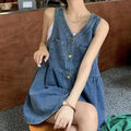 Sleeveless Denim Mini Dress — Korean Style Loose A-Line Dress with Pockets