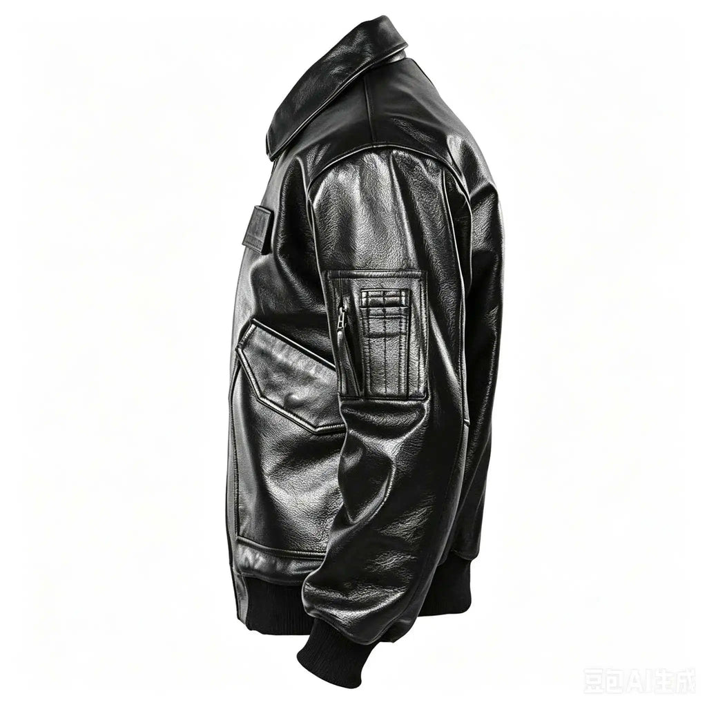 Men's Black Glossy Genuine Cowhide MA-1 Flight Jacket — Military Bomber with Point Collar
