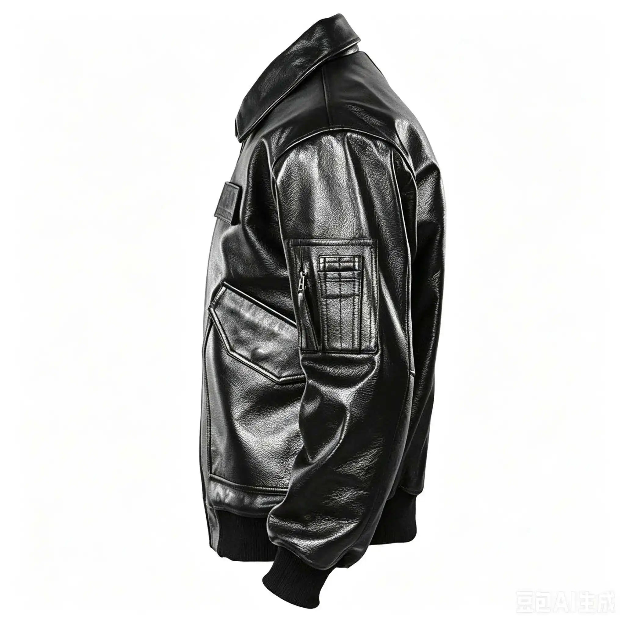 Men's Black Glossy Genuine Cowhide MA-1 Flight Jacket — Military Bomber with Point Collar