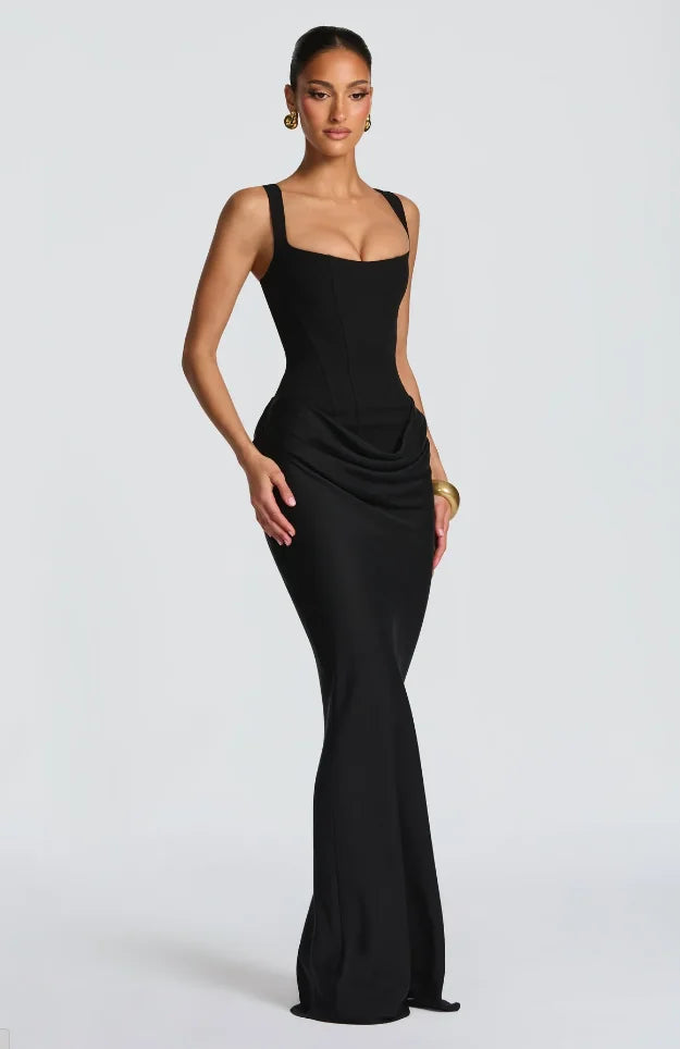 Square Neck Pleated Sling Dress — Off-Shoulder Waist-Cinching Slim Evening Gown