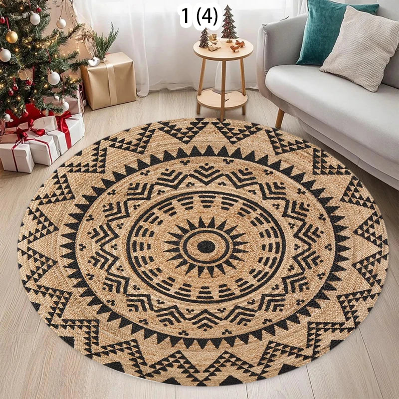 Round Woven Geometric Ethnic Rug – Non-Slip Durable Carpet for Living Room & Bedroom