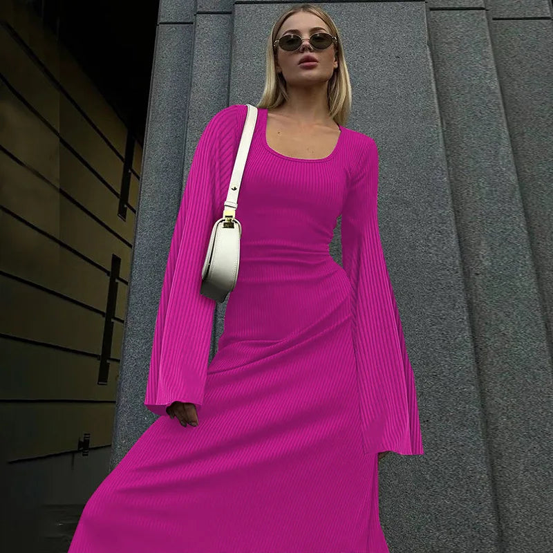Long Flare Sleeve Maxi Dress — Slim Lace-Up Floor-Length Casual Office Dress