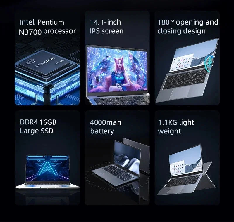 14.1" Intel N3700 Slim Laptop – 16GB DDR4, Up to 2TB SSD, Dual Cameras, Wi-Fi 6, Windows 11