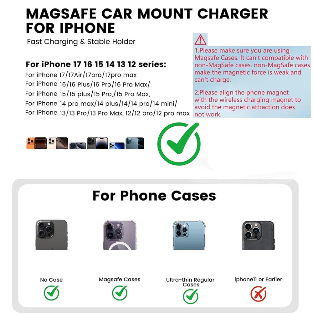 30W Magnetic Car Wireless Charger with LED Light – Phone Mount for iPhone 12–17 Pro Max
