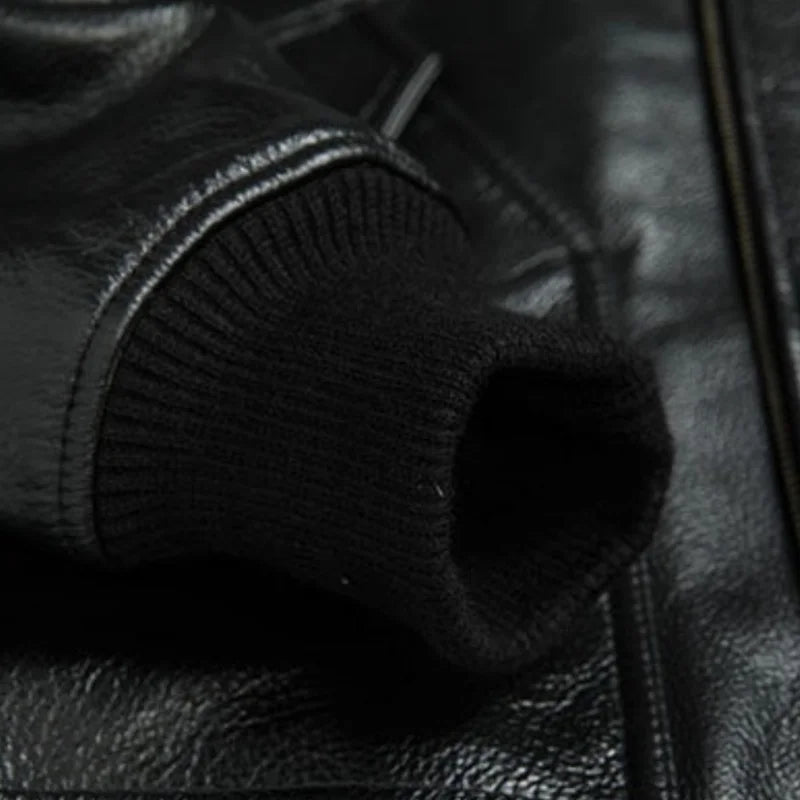 Men's Black Glossy Genuine Cowhide MA-1 Flight Jacket — Military Bomber with Point Collar