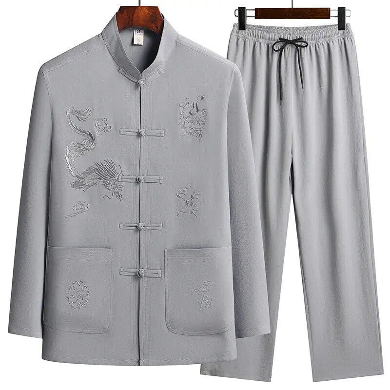 Men's Chinese Style Long Sleeve Shirt & Elastic Waist Pants Casual Set
