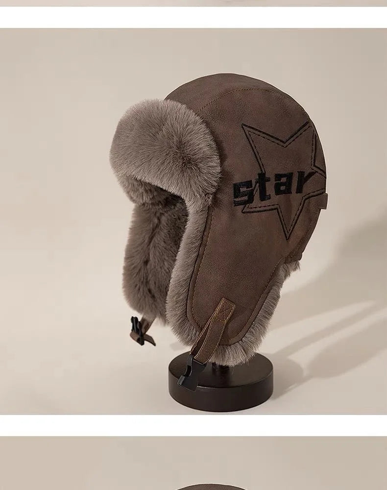 Faux Leather Trapper Hat with Plush Lining and Ear Flaps