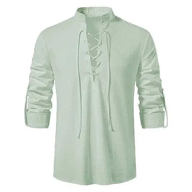 Men's Cotton Linen Drawstring Long Sleeve Shirt — Vintage Casual US Size Top