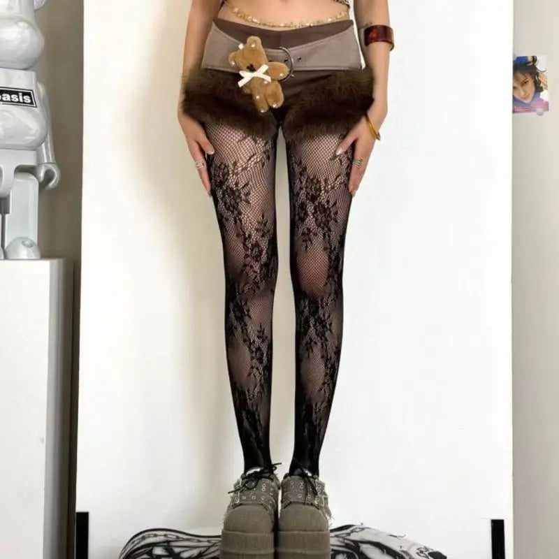 Lolita Floral Thigh-High Fishnet Stockings — Sheer Patterned Hosiery