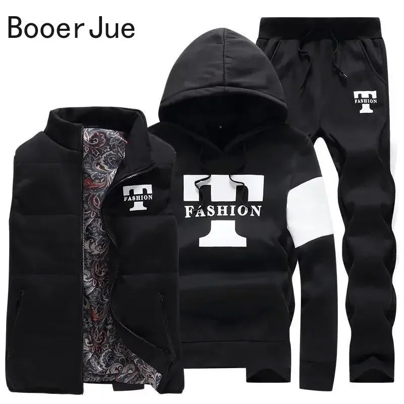 Men's 3-Piece Winter Tracksuit – Hoodie, Vest & Pants Thick Warm Set