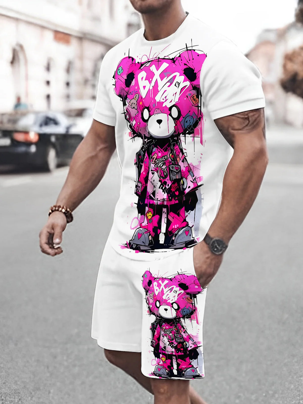 Men's Graffiti Doll Print Crew Neck Short Sleeve & Shorts Loose 2-Piece Set – Trendy Sport