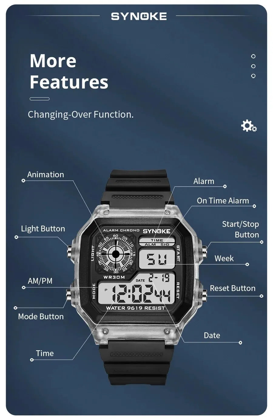 SYNOKE Digital Sport Watch | Luminous Multifunction Waterproof Seven Color LED Wristwatch