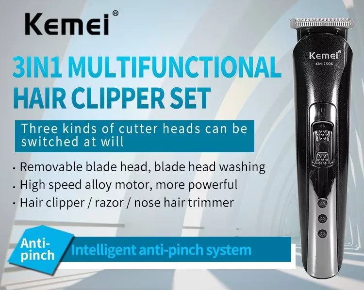Kemei KM-1506 3-in-1 Electric Hair Clipper, Shaver & Nose Trimmer – USB Rechargeable